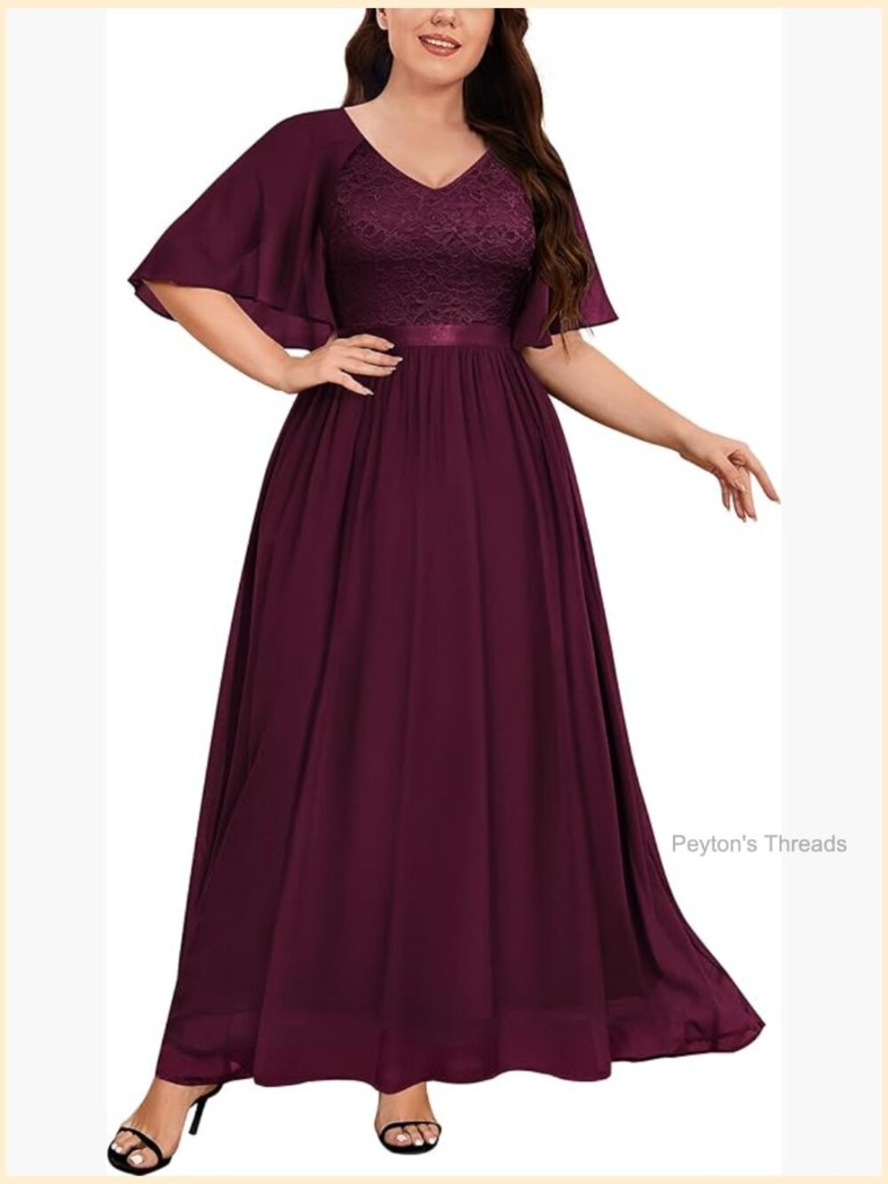 Plus Size V-Neck Cape Dress with Lace Chiffon Maxi Evening Dress
